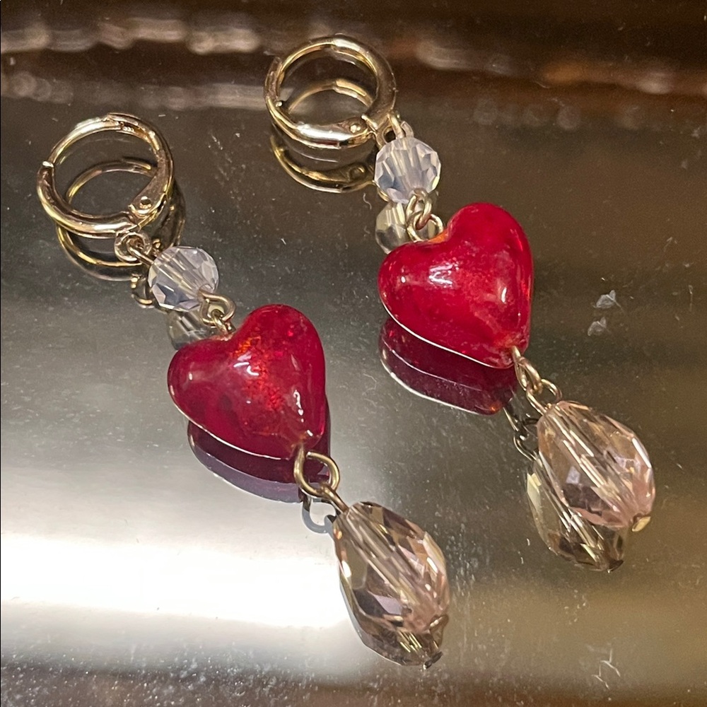 Red  Gold Puffy Heart Hoop Earrings